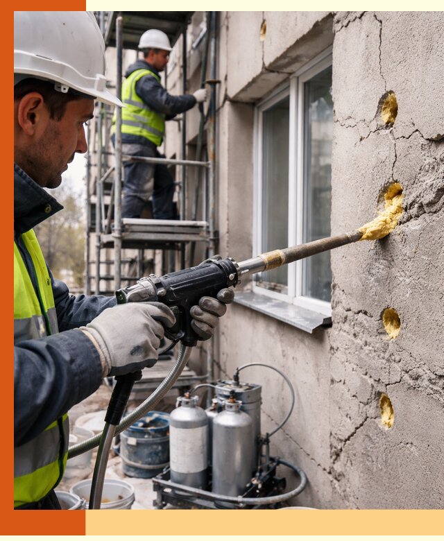 Заполнение пустот в фасаде и утепление стен в Фрязино